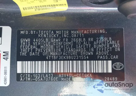 2011 Toyota Camry Xle z USA, uszkodzony, nr VIN 4T1BF3EK9BU231554